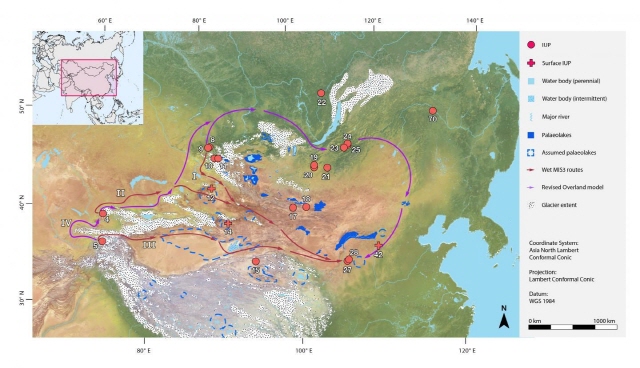 중앙아시아와 북부 이동 추정 경로 붉은 점은 후기구석기 초기 유적이 출토된 지역이다(Nils Vanwezer and Hans Sell 제공)