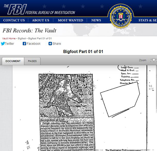 FBI가 공개한 '사스콰치 파일'[FBI 홈페이지]