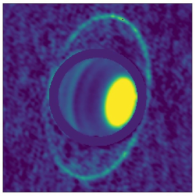 ALMA로 포착한 천왕성의 대기 및 고리의 열 이미지 (UC 버클리/에드워드 몰터, 임케 데 파테르 제공)