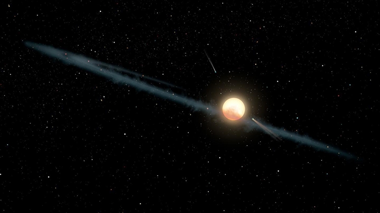 '태비의 별' 주변 위성에서 나온 먼지와 파편 원반 상상도[NASA/JPL-Caltech 제공] 
