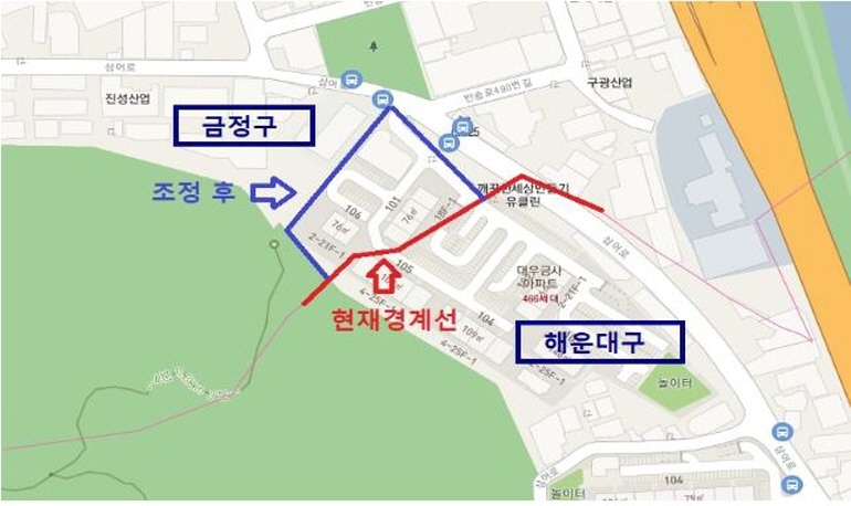 (연합뉴스-부산시 제공) 부산 대우금사아파트 행정구역 경계 조정안