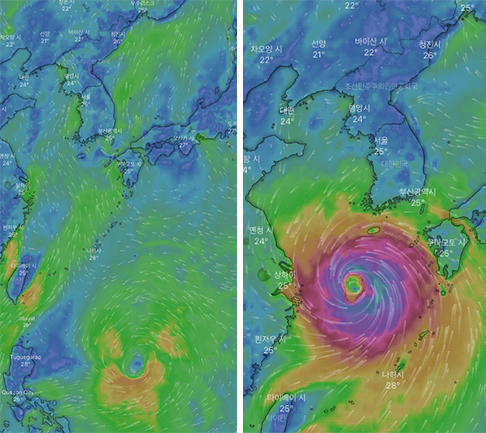 제18호 열대저압부의 현재 모습(좌)과 제9호 태풍 '마이삭'으로 진행됬을 시의 예측도(우) [사진 = Windy.com 캡처]