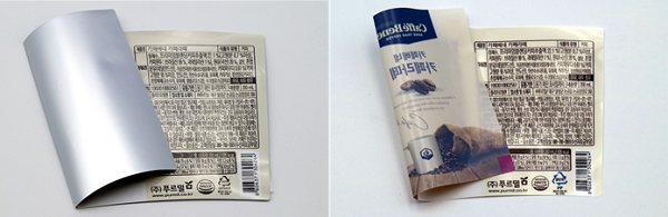 사진=기존 알류미늄 증착된 포장재(왼쪽)와 SR테크노팩 GB-8 적용된 포장재 / SR테크노팩 제공