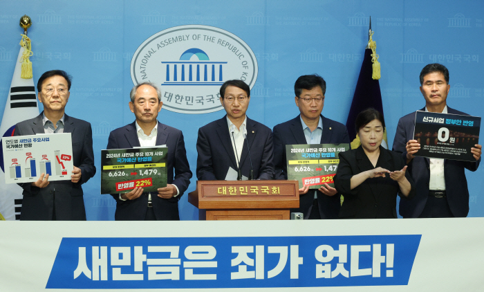 민주당 전북 지역 의원들, 새만금 예산 관련 기자회견(서울=연합뉴스)
