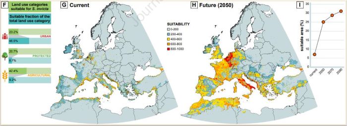 유럽 지역의 붉은불개미 서식 적합(G) 및 2050년 전망(H) [사진/Menchetti et al./Current Biology 제공. 재판매 및 DB 금지]