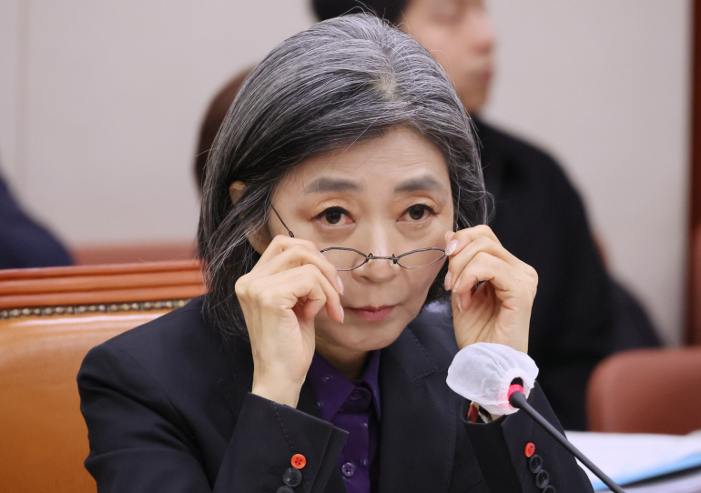 김행 여성가족부 장관 후보자가 지난 5일 국회에서 열린 인사청문회에서 안경을 고쳐쓰고 있다. [연합뉴스 제공]