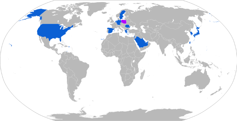 파랑색으로 표시된 패트리어트 미사일 사용국 [자료제공/위키피디아]