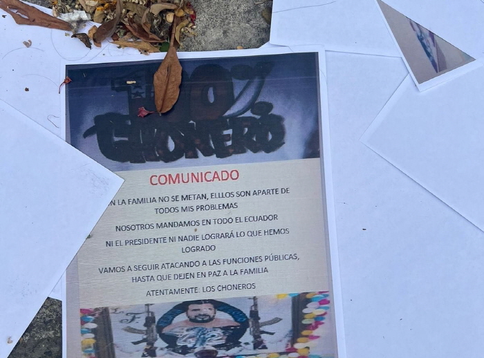 에콰도르 검찰청사 총격범들이 남긴 협박 전단[에콰도르 검찰 소셜미디어 엑스(X·옛 트위터) 캡처. 재판매 및 DB 금지]