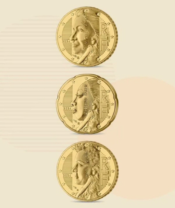 [파리 조폐국 소셜미디어 캡처. 재판매 및 DB 금지] 프랑스 파리 조폐국이 6일 공개한 새 동전 디자인. 시몬 베이유(맨 위부터), 조세핀 베이커, 마리 퀴리가 각각 10센트, 20센트, 50센트 동전 앞면에 조각된다.