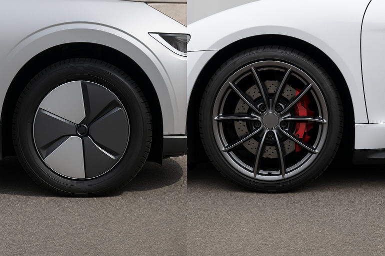 (좌) 전기차의 휠 타이어, (우) 고성능 스포츠카의 휠 타이어 (*AI 생성형 이미지)